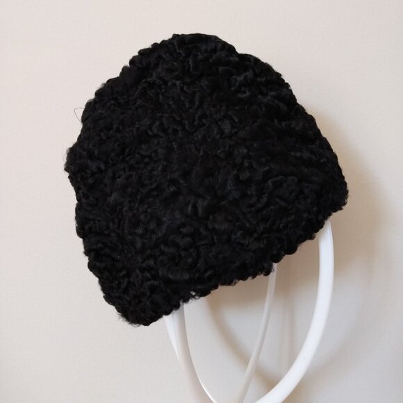 Vintage Curly Lamb Fur Hat Black Winter Garrison Cap XS - Picture 7 of 14